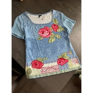 Forbidden Blue Floral Rose Beaded Sequin Mixed Media Top Polka Dot Sleeve L